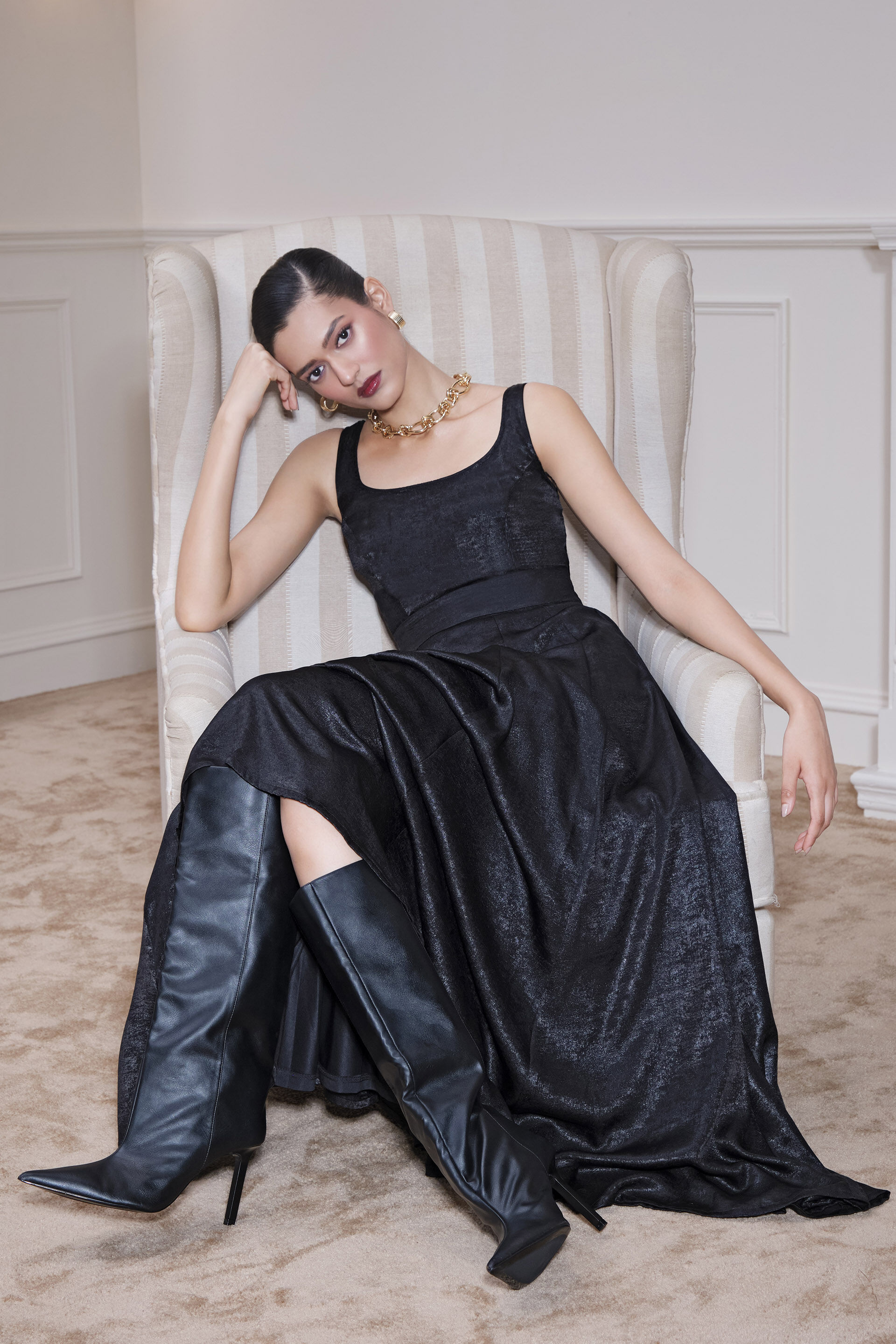 Metallic Raven Georgette Dress, Black, image 2